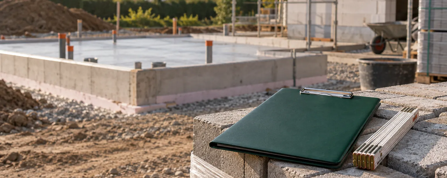 Baustelle am Morgen: frisches Fundament, im Vordergrund Klemmbrett und Zollstock auf Mauersteinen