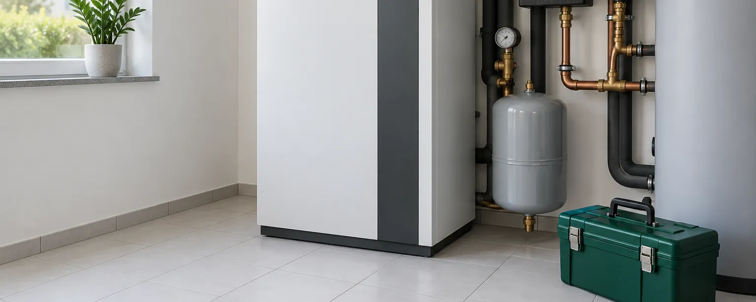 Heizraum im Einfamilienhaus mit Wärmepumpe, Kupferleitungen und Werkzeugkoffer