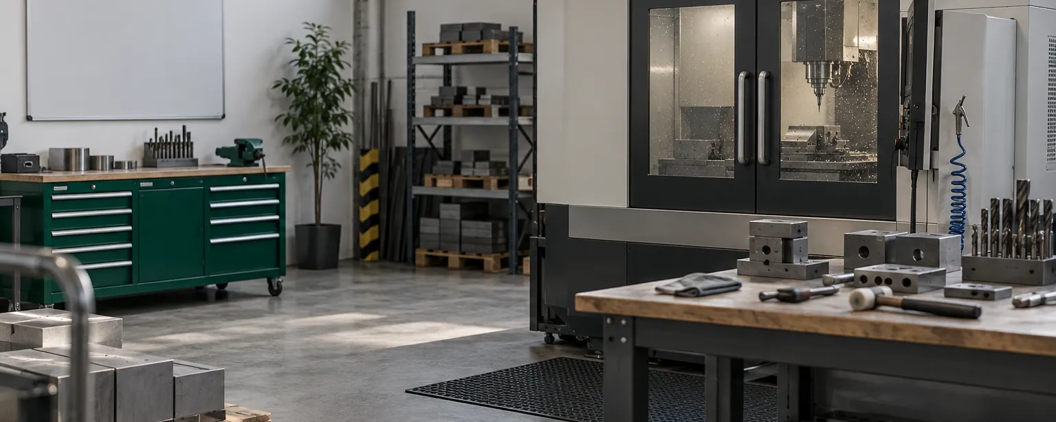 Kleine Metallwerkstatt mit CNC-Maschine, Werkbank und Werkzeugschrank