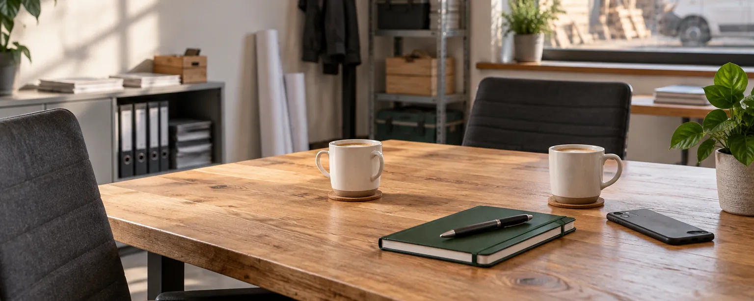 Besprechungstisch im Büro mit zwei Kaffeetassen, Notizbuch und Stift